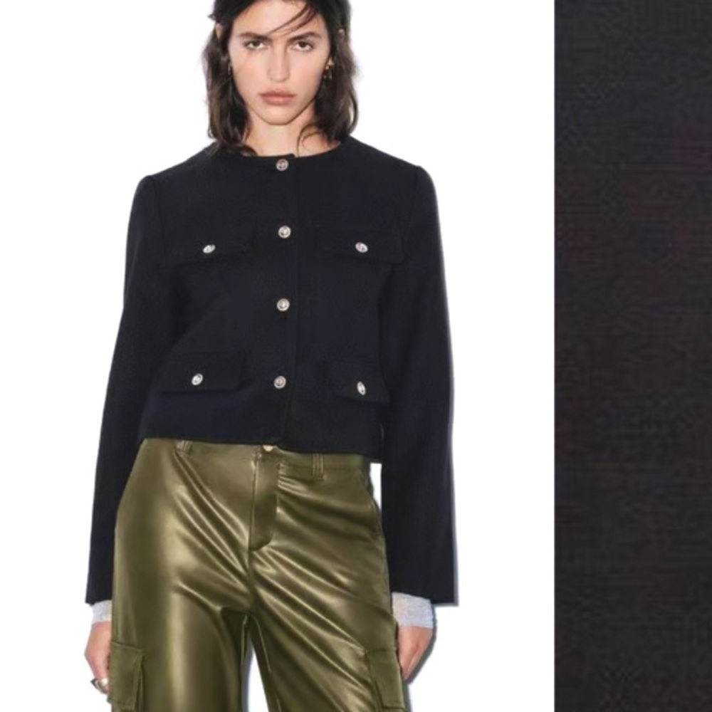 Zara CROPPED FLAP JACKET navy nwot gold button classic fall evening blogger fav